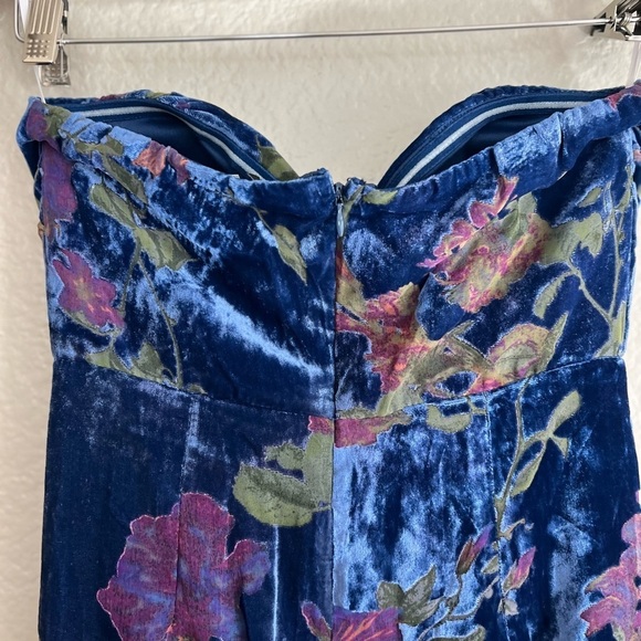 Exquisite Blue Floral Burnout Velvet Strapless Maxi Dress - Picture 8 of 10